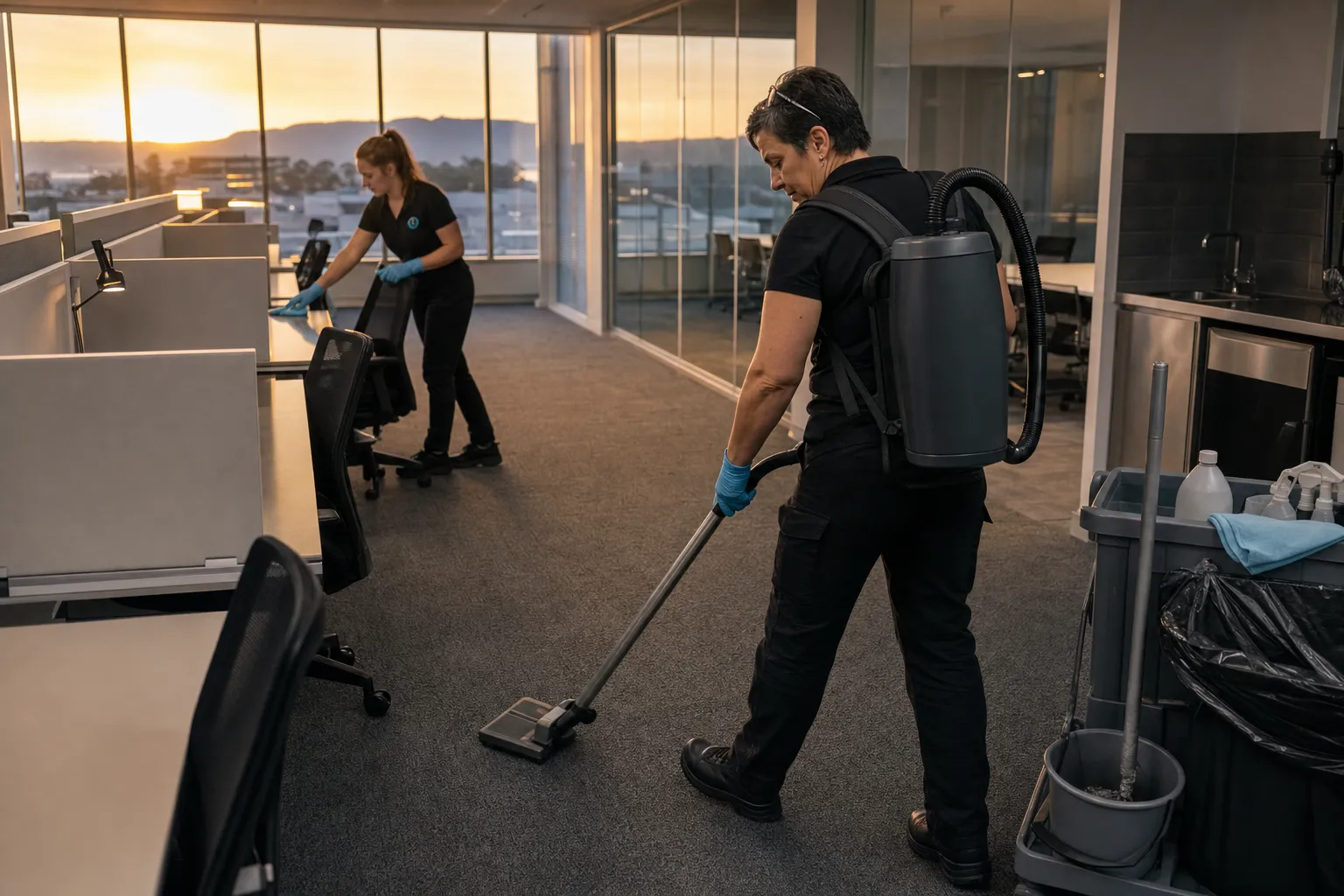 A Taylan cleaner vacuuming between office desks with a backpack vacuum, evening light through the windows