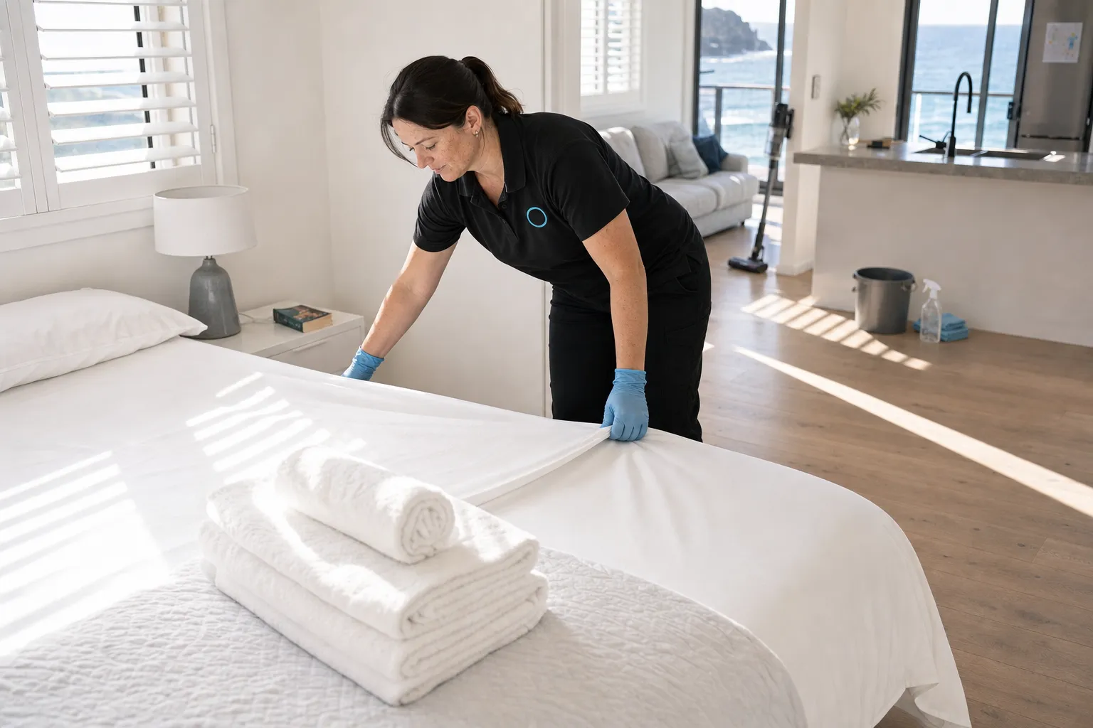 A Taylan cleaner smoothing a fresh white sheet onto a bed, folded towels at the end of the bed and the sea through the window
