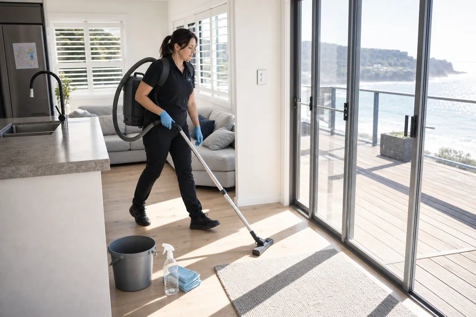 A Taylan cleaner wearing a backpack vacuum working across a timber floor in a bright living room, the sea beyond the deck