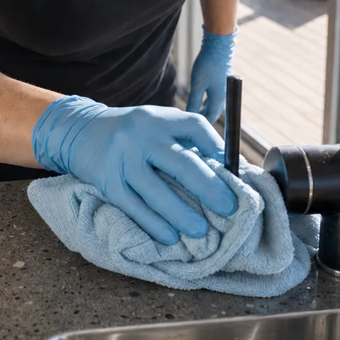 A gloved hand wiping around the base of a black mixer tap