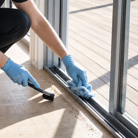 A gloved hand brushing sand out of a sliding door track