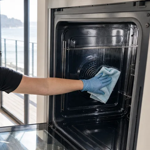 A gloved hand wiping the inside of an open oven