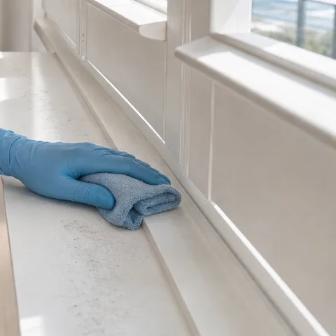 A gloved hand wiping a window sill and frame inside, beneath plantation shutters