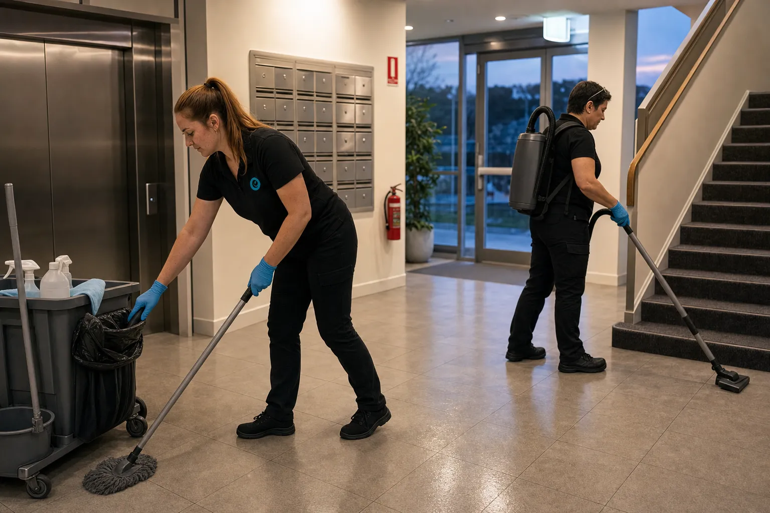 Two Taylan cleaners in an apartment block foyer in the evening, one mopping the tiles, the other vacuuming the stairs with a backpack vacuum