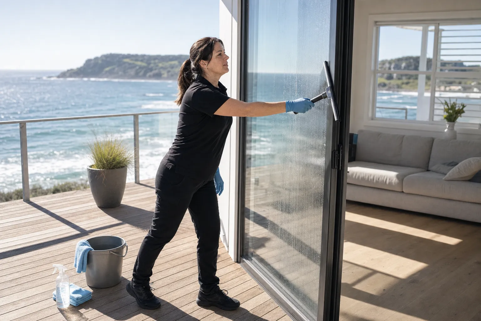 A Taylan cleaner on a deck drawing a squeegee down the outside of a sliding glass door, the sea behind her